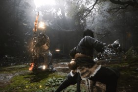 Black Myth Wukong: a mighty warrior stands firm against a tall enemy holding a fiery staff.