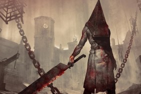 Silent Hill 2: Pyramid Head drawing with a dingy, bleak background behind him.